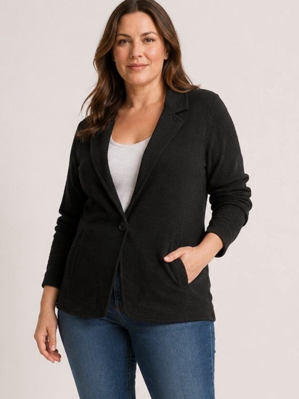 Caslon Navy, One Button, Knit Blazer. Classy and Notched Collar!